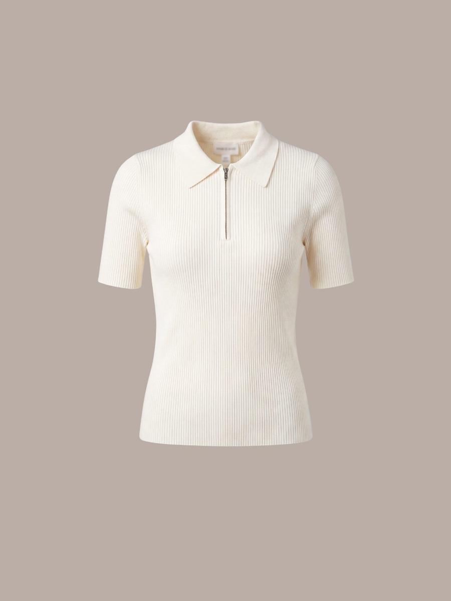 Top côtelé col polo zippé